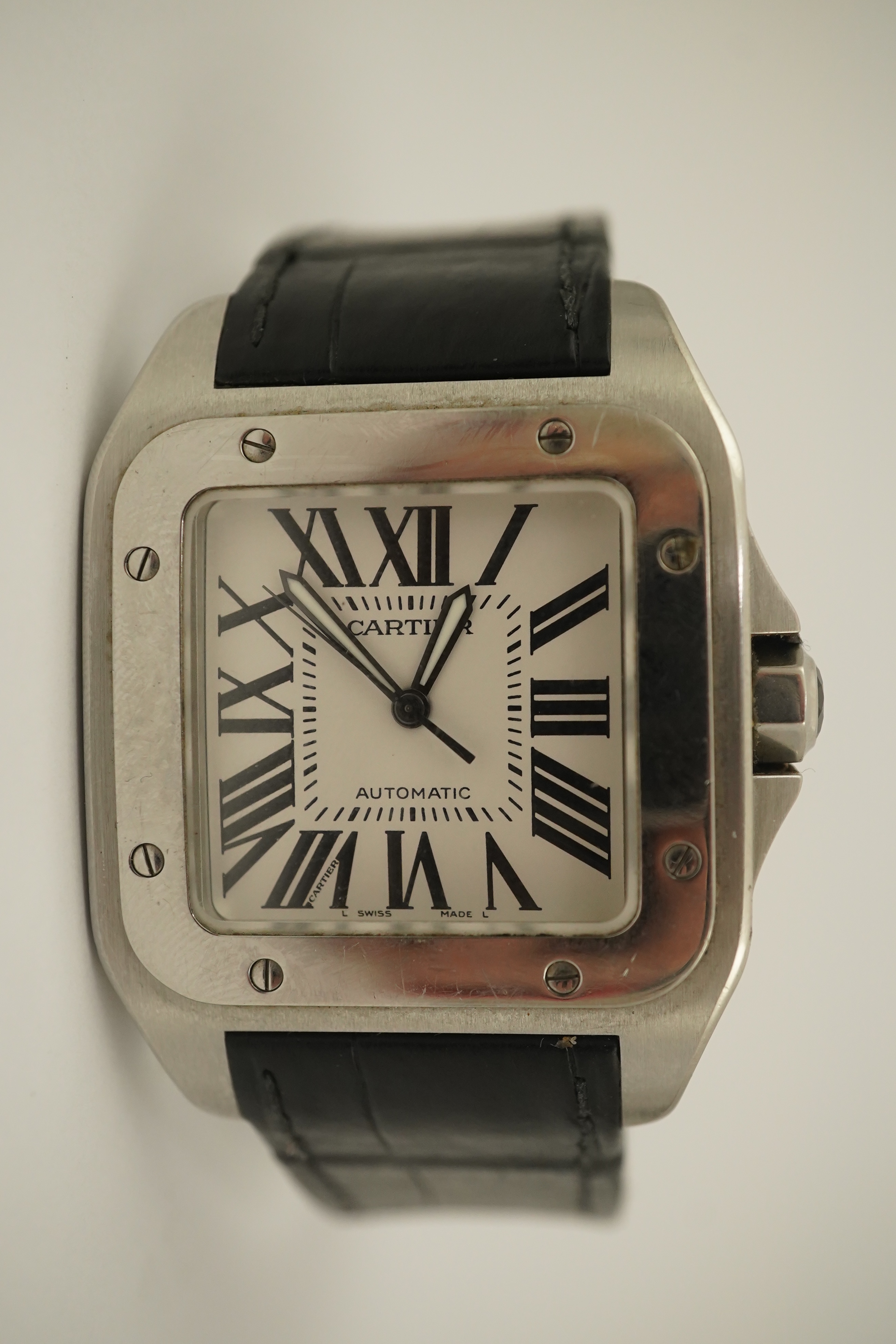 A gentleman's late 20th century stainless steel Cartier Santos 100 automatic wrist watch